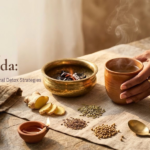 Ama in Ayurveda concept image with herbal tea, ginger, spices, warm food, and natural detox setup for digestive wellness