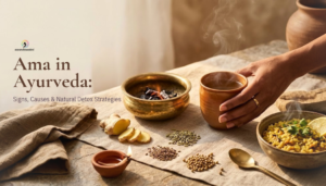 Ama in Ayurveda concept image with herbal tea, ginger, spices, warm food, and natural detox setup for digestive wellness
