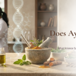 Ayurveda and science concept with herbs, mortar and pestle