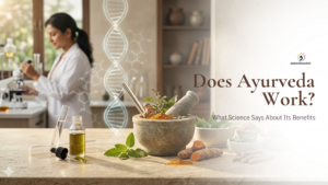 Ayurveda and science concept with herbs, mortar and pestle