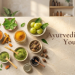 Top 10 Ayurvedic herbs displayed with turmeric, amla, green powders