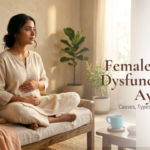 Woman sitting calmly at home with hand on abdomen, representing female sexual dysfunction in Ayurveda and holistic women’s wellness