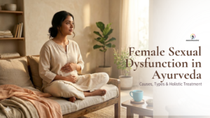 Woman sitting calmly at home with hand on abdomen, representing female sexual dysfunction in Ayurveda and holistic women’s wellness