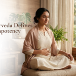 Woman sitting calmly at home with hand on abdomen, representing Ayurveda approach to female impotency and women’s wellness
