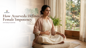 Woman sitting calmly at home with hand on abdomen, representing Ayurveda approach to female impotency and women’s wellness