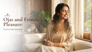 Ojas and female pleasure Ayurveda concept, woman enjoying tea