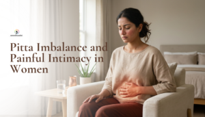 Pitta imbalance causing painful intimacy in women, woman holding stomach
