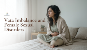 Vata imbalance causing female sexual disorders, woman sitting on bed with discomfort